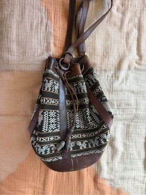 Vintage Boho mixed media leather and woven Drawstring Bucket Bag